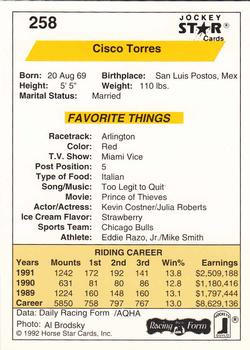 1992 Jockey Star #258 Cisco Torres Back